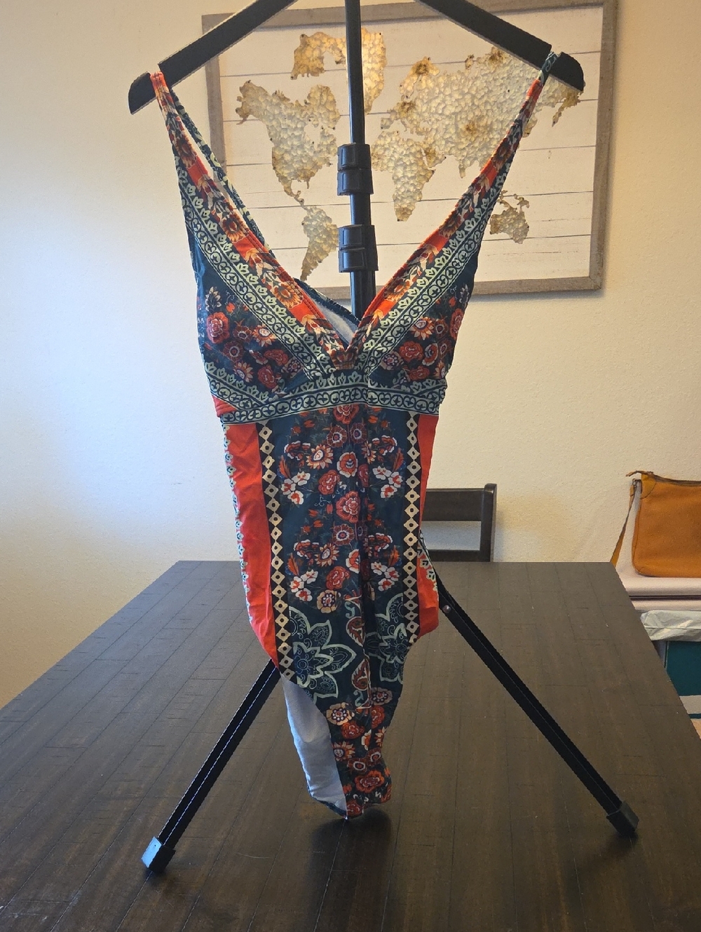 Floral Print V-Neck One-Piece Swimsuit in Navy, Green & Red